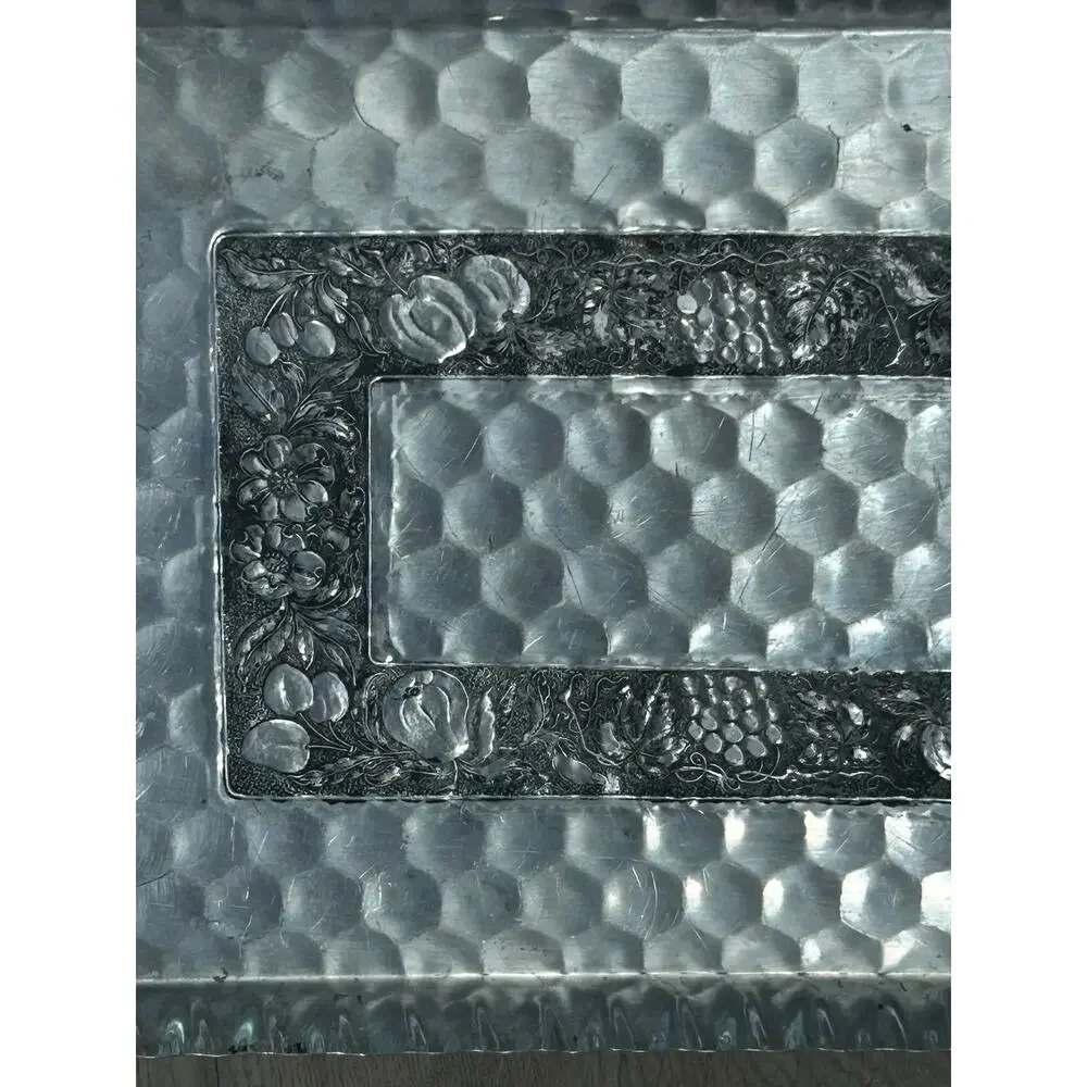 Vintage Style Hammered Aluminum Serving Tray Fruit Floral Embossed Handles 20”